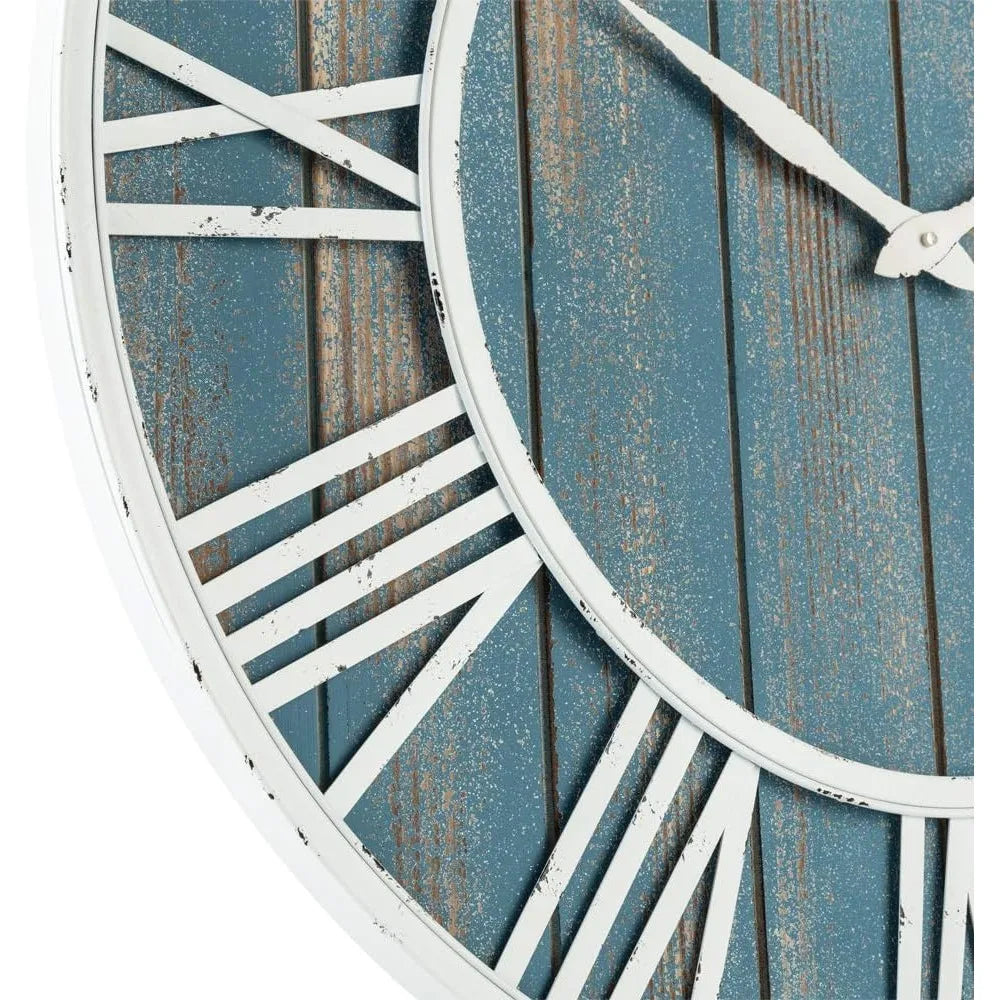 36" Coastal Wall Clock - Metal & Solid Wood Noiseless Weathered Beach Blue Decor Living Room Moving Gears Wall Clock