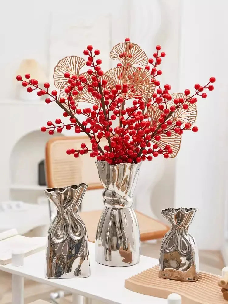 Premium Feeling Simple Silver Plated Ceramic Vase Living Room Table Creative Flower Arrangement Flower Holder