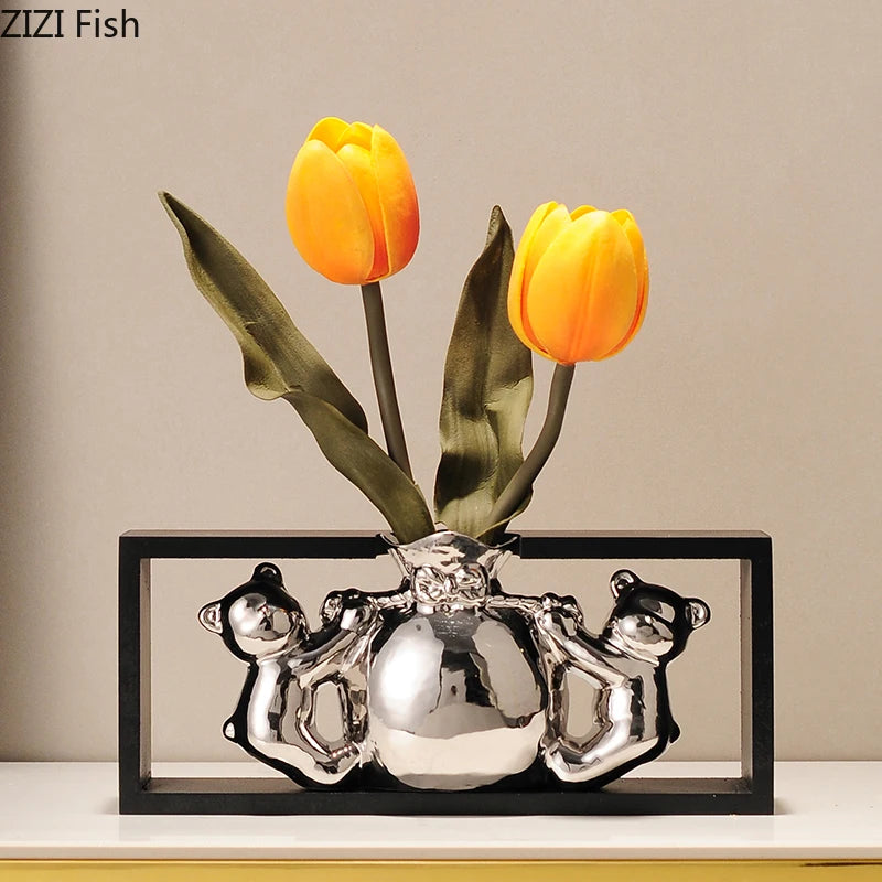 Minimalism Square Framed Ceramic Vase Hollowed Out Vases Desk Decoration Artificial Flowers Decorative Flower Arrangement