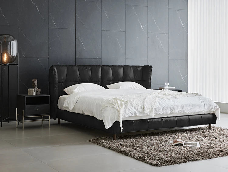 Luxury modern full leather bed, master bedroom, king bed, high-end grand double bed, simple pull point design, leather bed