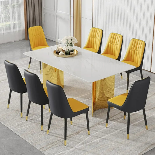 Dining Table Set for 8, Faux Marble Top and Gold Chrome Leg Dining Table for Kitchen, Dining Tables Set, 71 in