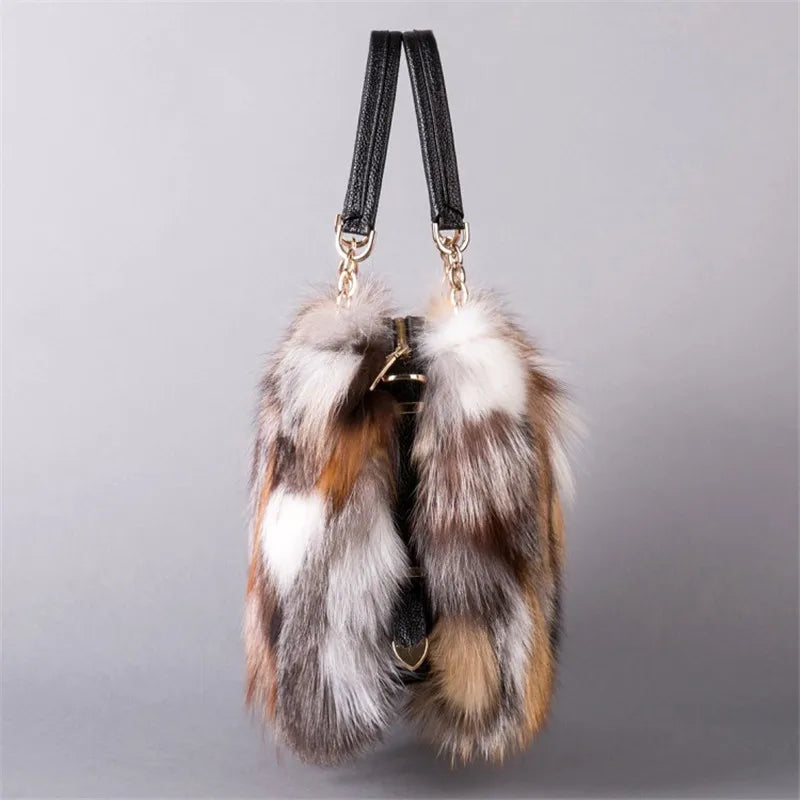 Women Winter Real Fox Fur Handbag Luxury Genuine Fur Party Bag Tote High Quality  Designer Evening Bag Fur Leather Female