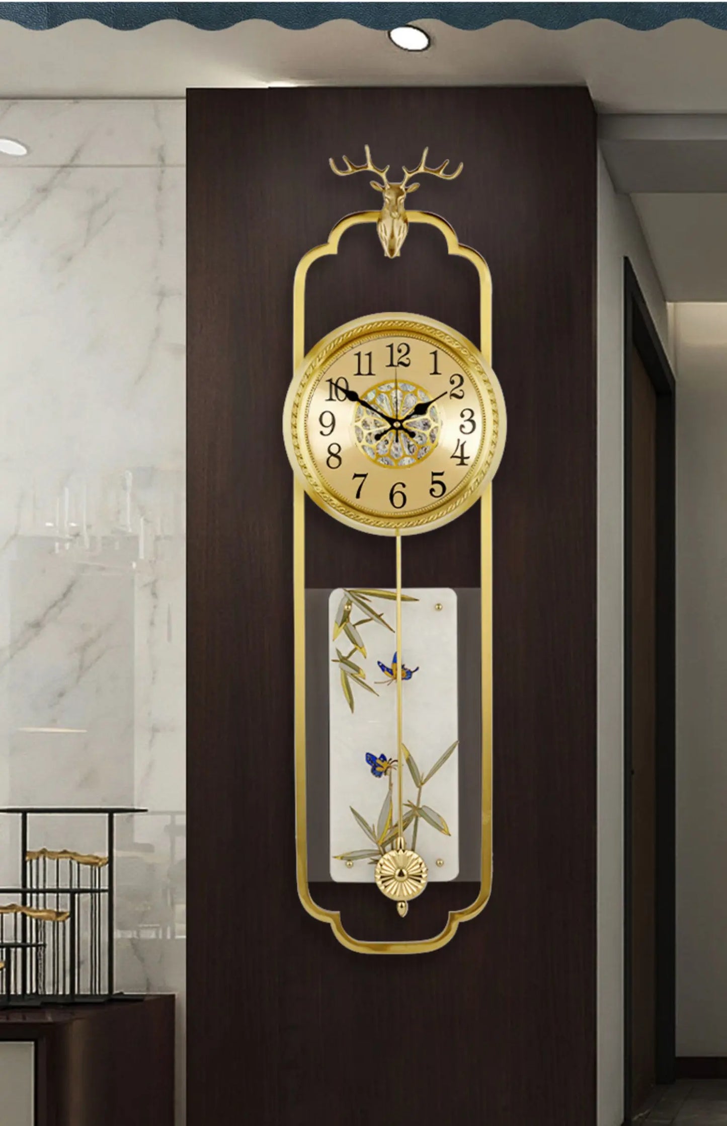 Wall clock, Chinese style light luxury pure brass living room wall clock, European retro creative art, atmospheric pendulum