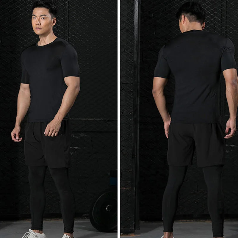 Men's Compression Suit Sports Fitness Quick Drying Suit Tight Short Sleeved Anime Double Layer Shorts Summer