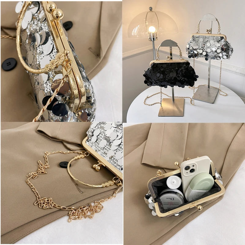 Women Luxury Evening Clutch Bag Wedding Golden Sequins Clutch Purse Chain Shoulder Bags Small Party Handbag With Metal Handle