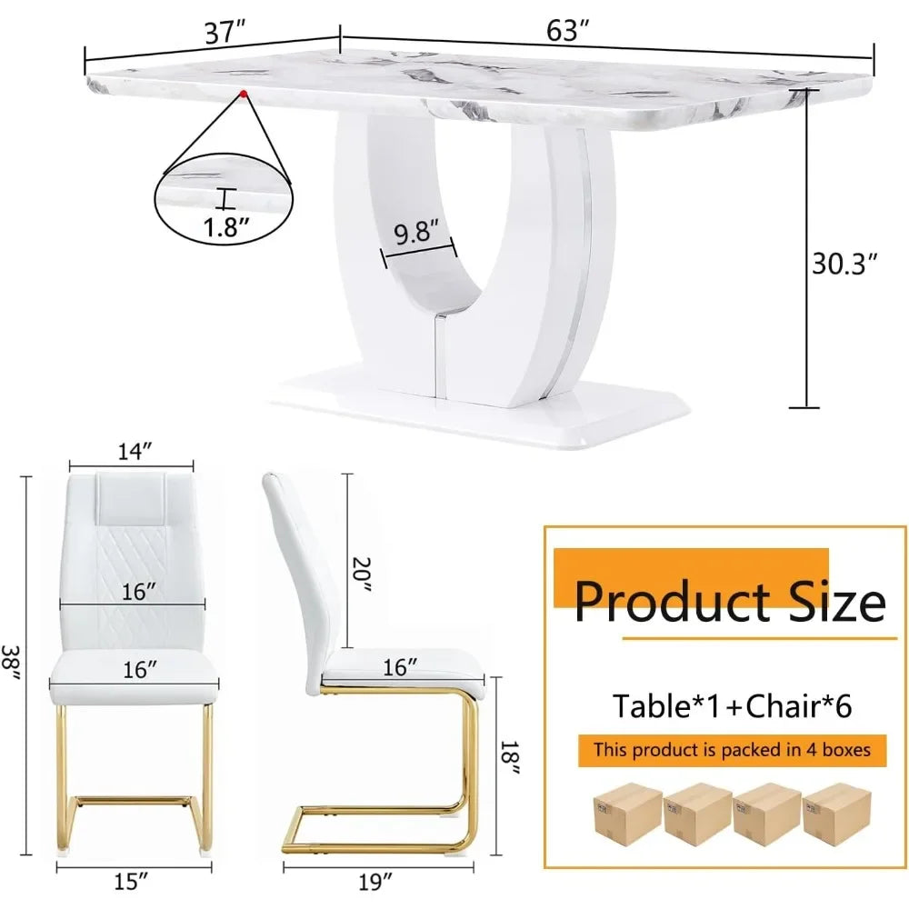 White Faux Marble Dining Table Set,6 PU Leather Upholstered Dining Chairs, Living Room Dinings Tables Set,White