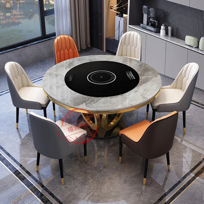 Light Luxury Rock Plate Round Dining Table Chair Combination Embedded Electric Turntable Table Mesa Comedor Home Furniture