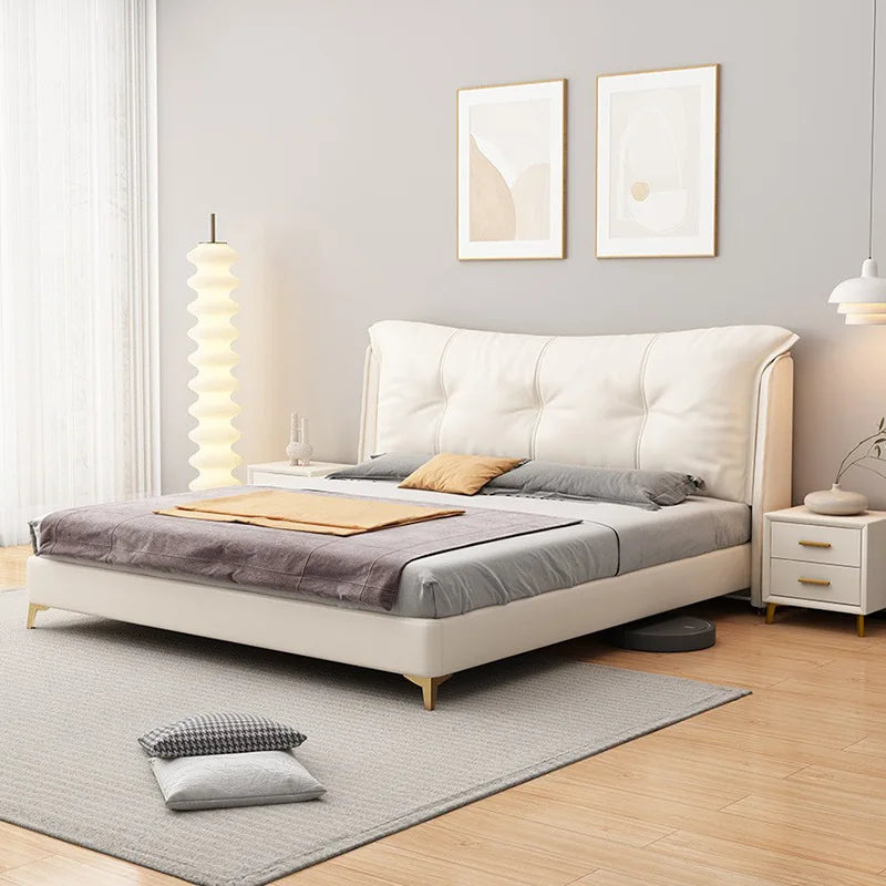 Bedroom soft bed 1.8m double leather bed Italian minimalist layer cotter bed New master bedroom leather bed