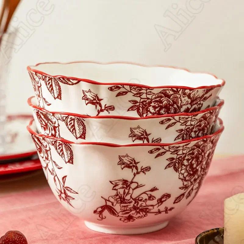 Nordic Vintage Rose Dishes and Plates Sets American Style Red Flowers Ceramic Plate Rice Bowl Soup Bowls Household Tableware