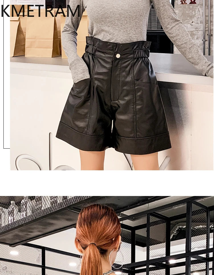 KMETRAM Sheepskin Real Leather Shorts Autumn Winter Women's Shorts High Waist Loose Trousers A-line Shorts Women Шорты Женский