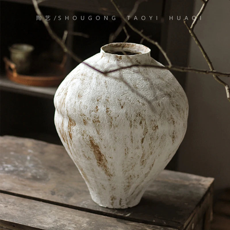 Wabi-Sabi Style Zen Arrangement Rough Pottery Jar Handmade Dried Flower Arrangement B&B Hotel Vintage Hydroponic Ceramic Vase