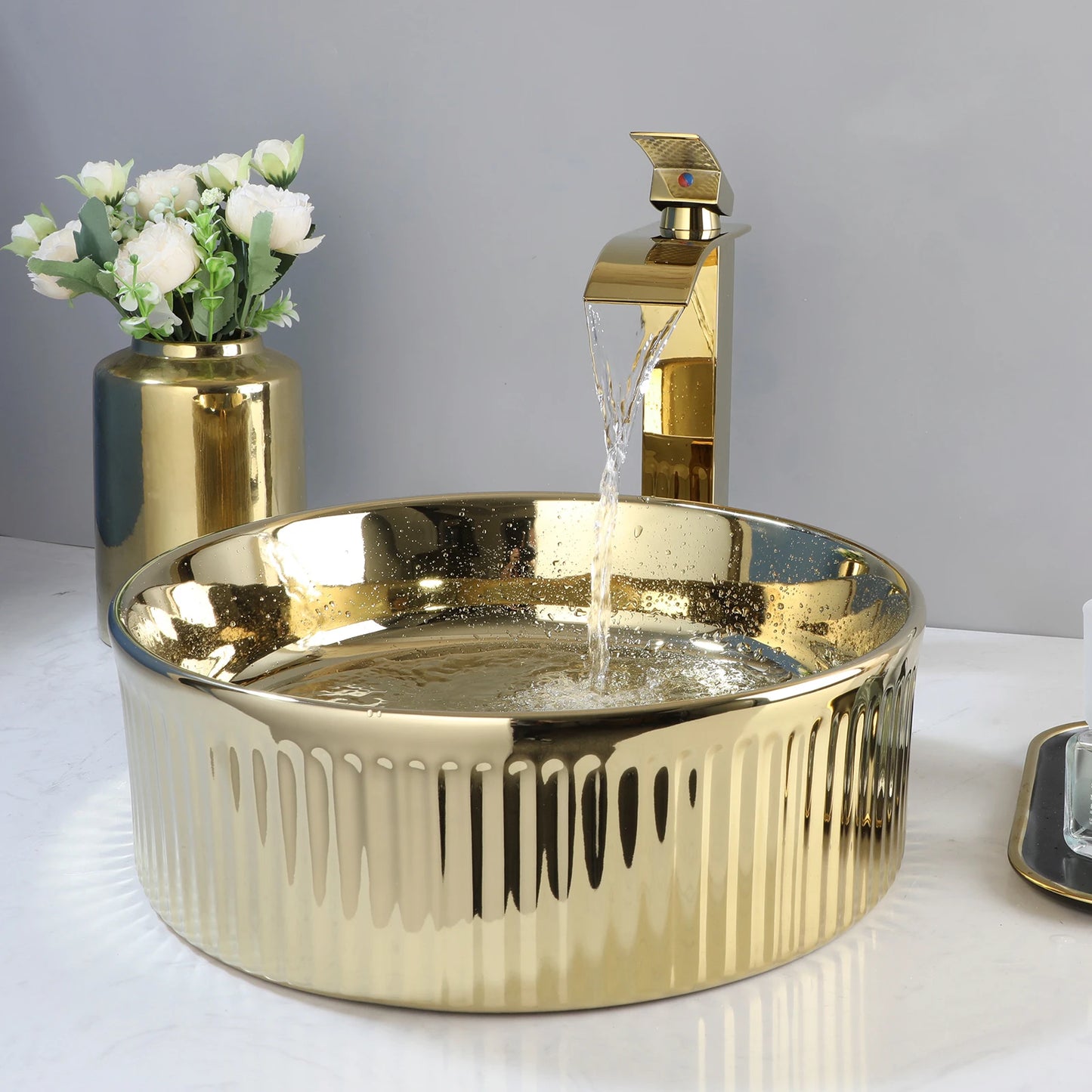 ZAPPO Luxury Gold Vessel Sink Round Ceramic Bathroom Sinks Above Counter Washing Sink Faucet Combo with Drain Deck Basin Sinks