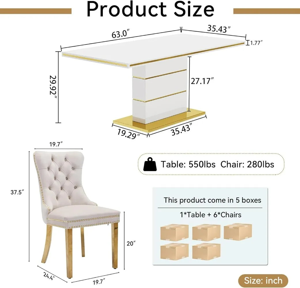 Dining Table Set for 6, Table Set with Tufted Dining Chairs, Kitchen Tables w/Stainless Steel Base, Dining Tables and Chairs Set