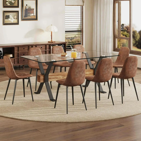 Dining Table Set, 8 Soft Cushioned Black Kitchen Chairs, Stylish Tempered Glass Top, Perfect for Small Rooms, Table