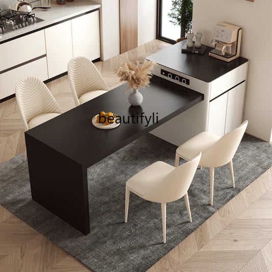 Modern Minimalist Stone Plate Kitchen Island Dining Table Integrated Retractable Solid Wood Storage Guest Restaurant