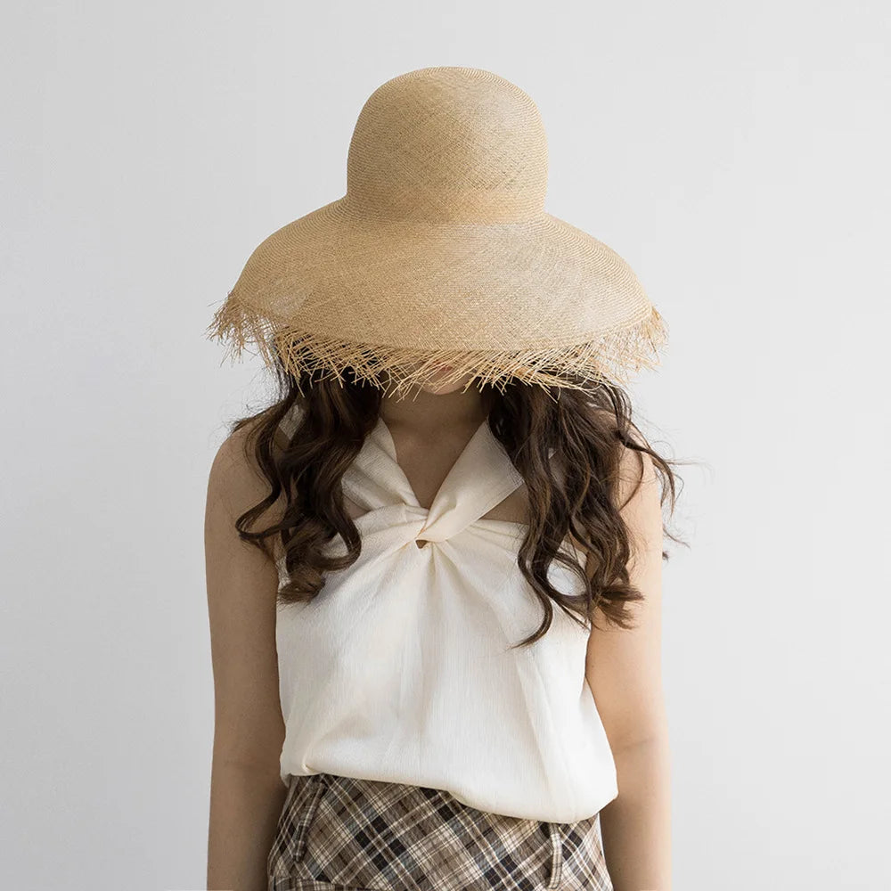 Fashion retro hand woven Buntal Fibre Hat Party domed large brim women summer straw hat luxury outdoor sun straw hat