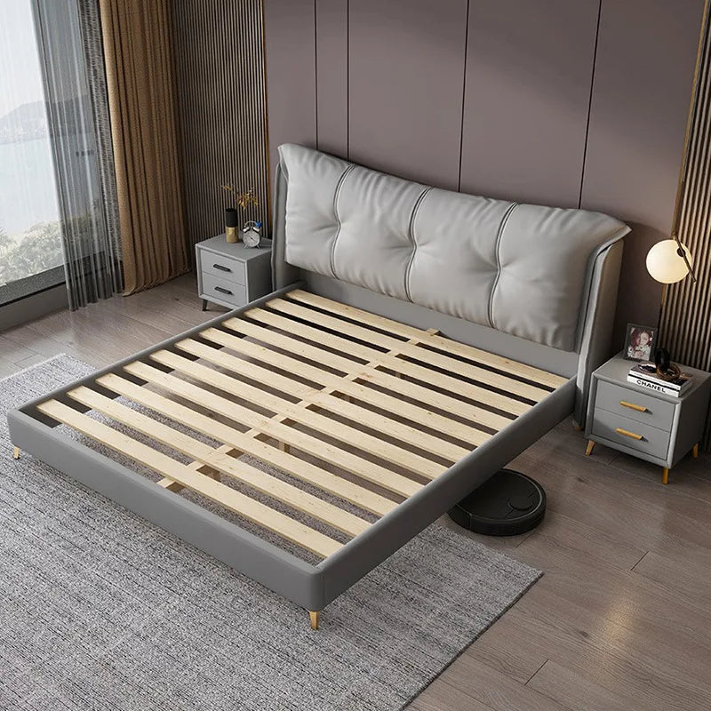 Bedroom soft bed 1.8m double leather bed Italian minimalist layer cotter bed New master bedroom leather bed