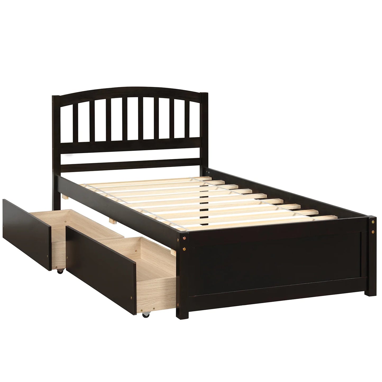 Espresso Twin Platform Storage Bed with Headboard, Two Drawers, Solid Wood Frame  79.50x41.70x37.50 in.