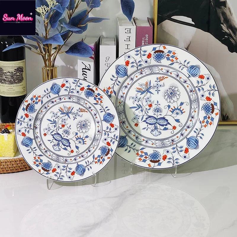 European Blue Flower Handmade Ceramic Two Piece Set Dining Plate Household Disk Gift Restaurant Dining Plate Luxury Set