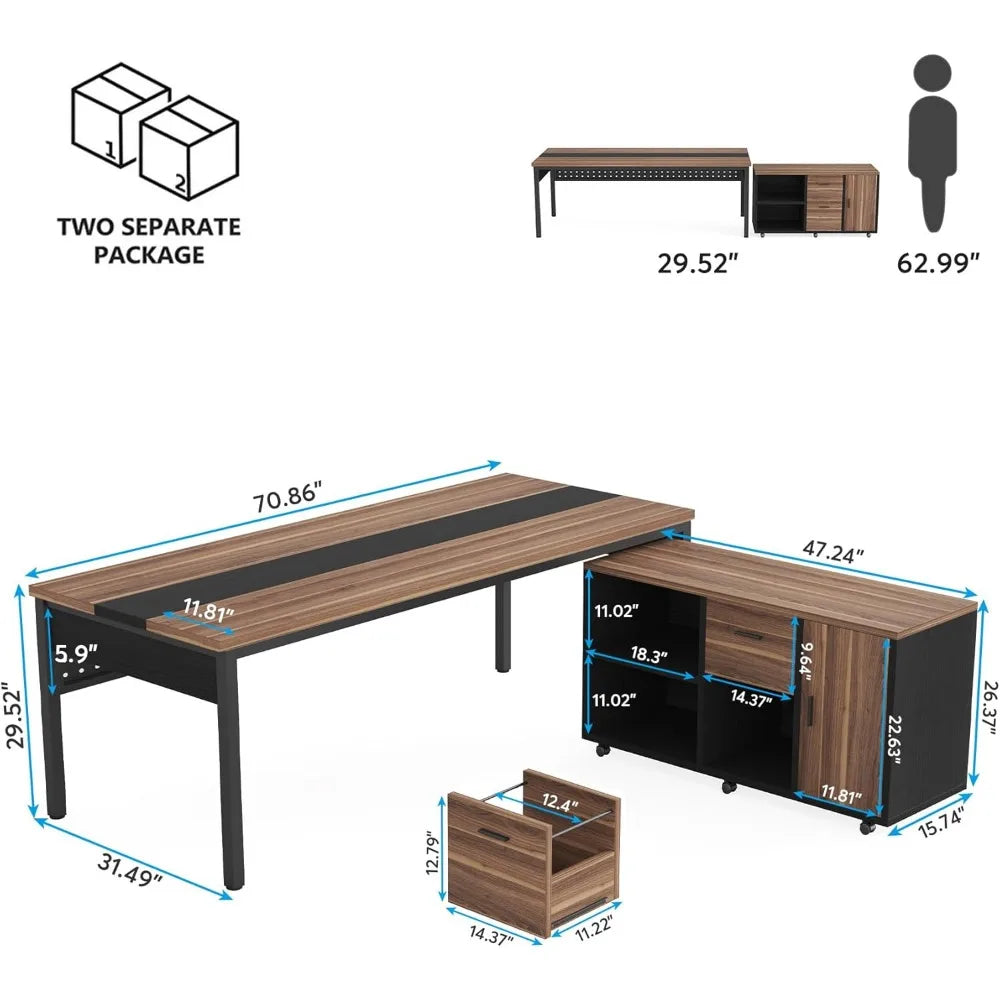 70.8" Large Executive Office Desk and 47" Lateral File Cabinet Combo, L-Shaped Computer Desk 2 Piece Business Furniture