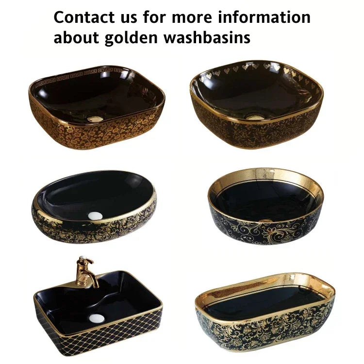 Luxury royal vintage vanities table counter top oval ceramic bathroom vessel sink gold and black hand wash art basin