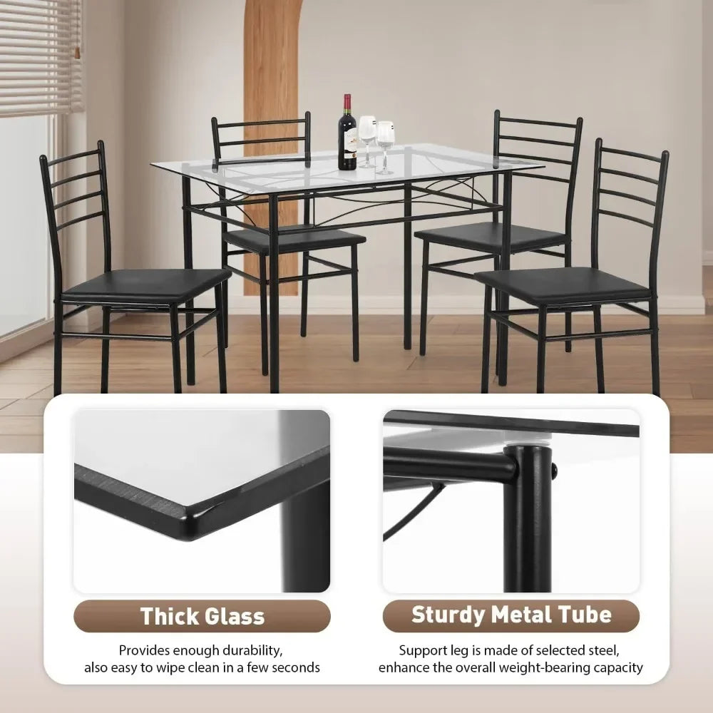 Kitchen dining table and chairs 5-piece set, classic dining table set, glass top table and 4 rectangular chairs with metal legs