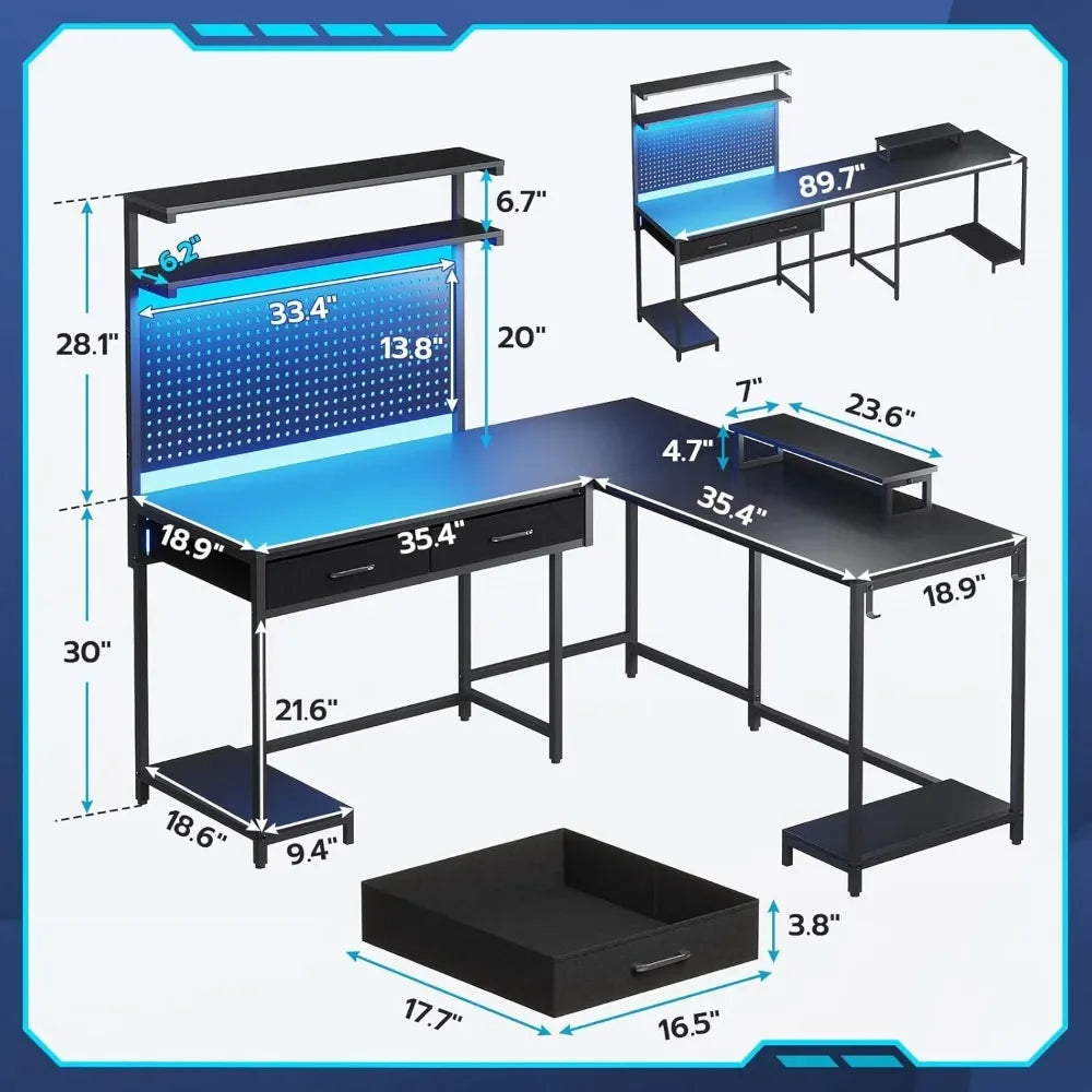 SEDETA L Shaped Gaming Desk with LED Lights, Pegboard and Drawers, Gaming with Hutch, Computer with Monitor Stand