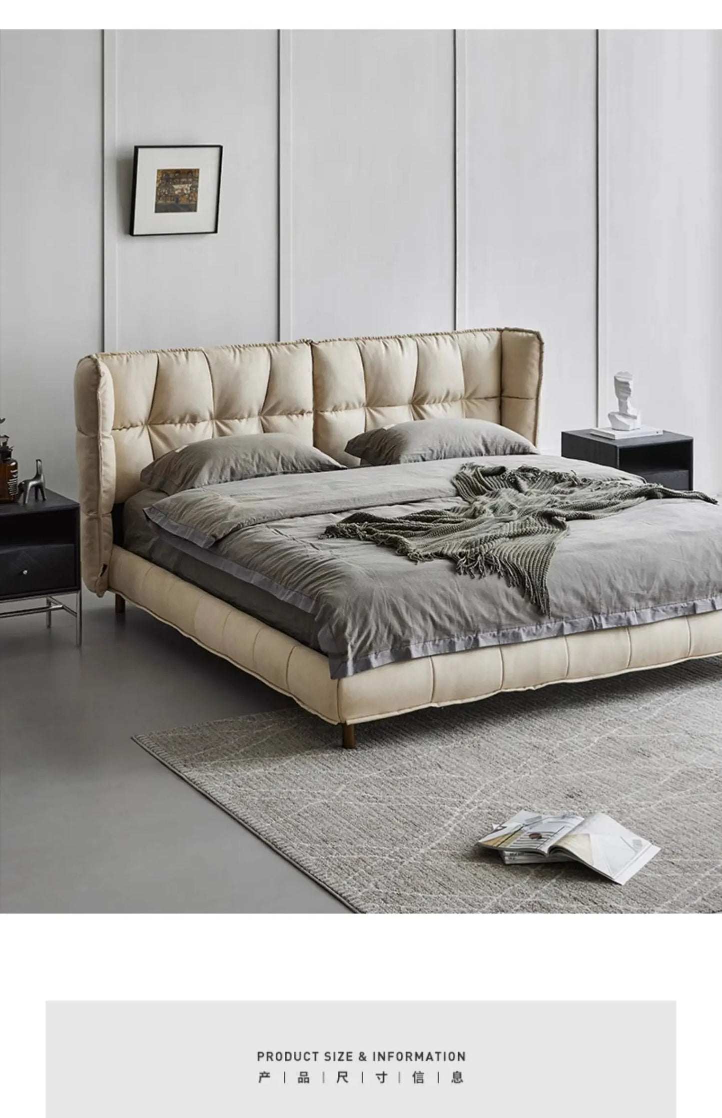 Luxury modern full leather bed, master bedroom, king bed, high-end grand double bed, simple pull point design, leather bed