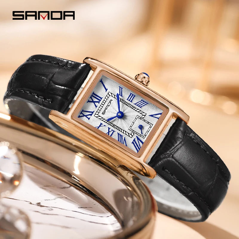 SANDA New Fashion Elegant Design Rectangle Dial Water Resistant Leather Quartz Movement Business Gift  Women Analog Wrist Watch