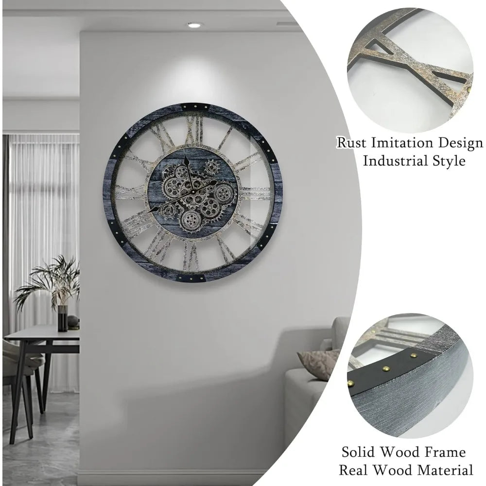 36 Inch Wall Clock, Oversized Living Room Decor, Solid Wood Frame, Battery Operated, Large Wall Clock with Industrial Home Clock