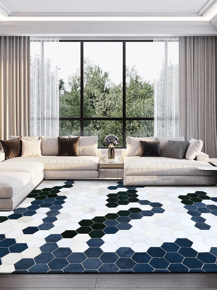 Light Luxury Real Cowhide Carpet Blue Geometric Living Room Carpet handmade Stitching Modern Minimalist Nordic Bedroom Rugs