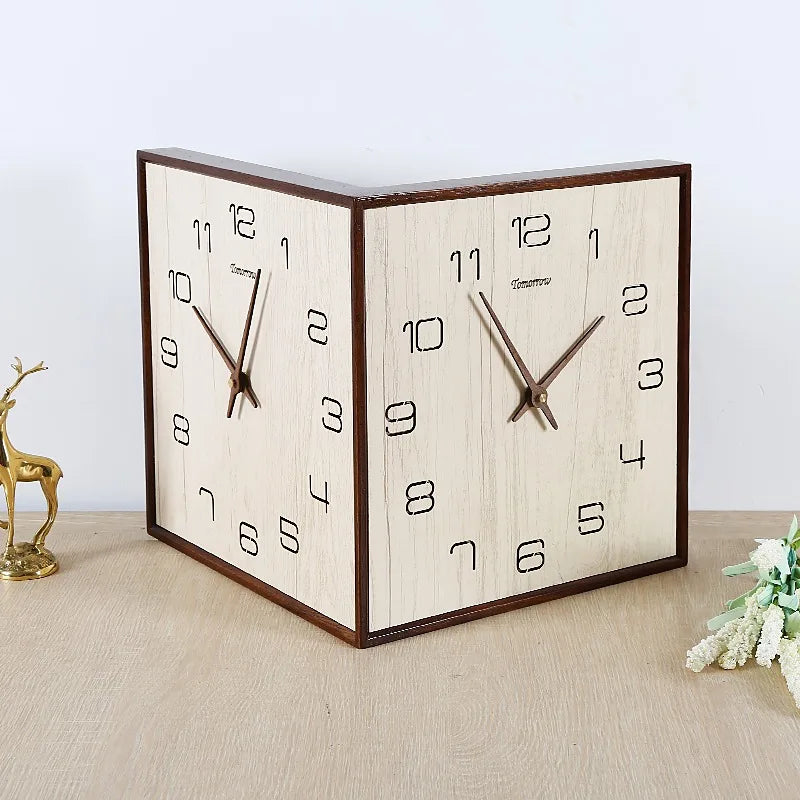 Punch-free solid wood corner double-sided wall clock modern minimalist corner two-sided clock home living room Nordic clock