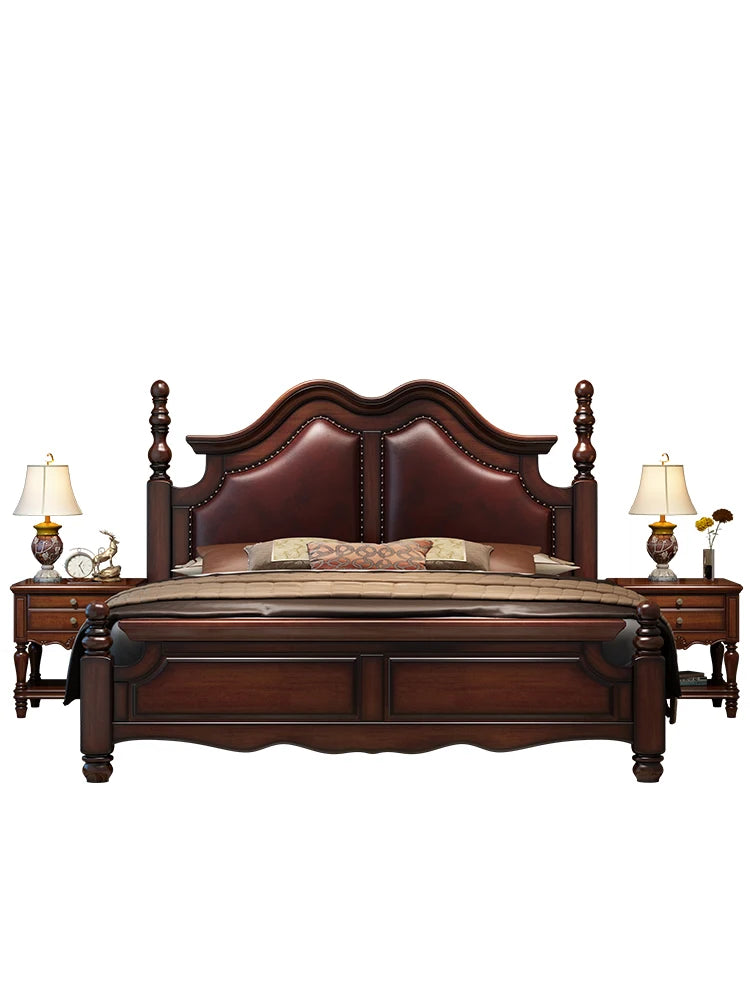 American style rural full solid wood double king bed 1.8m soft leather Roman column bed