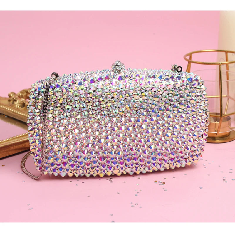 Women Handbag Heavy Metal Style Luxury Shining Mided Color Crystal Rhinestone Diamond Everning Clutch Purse Customized Handmade