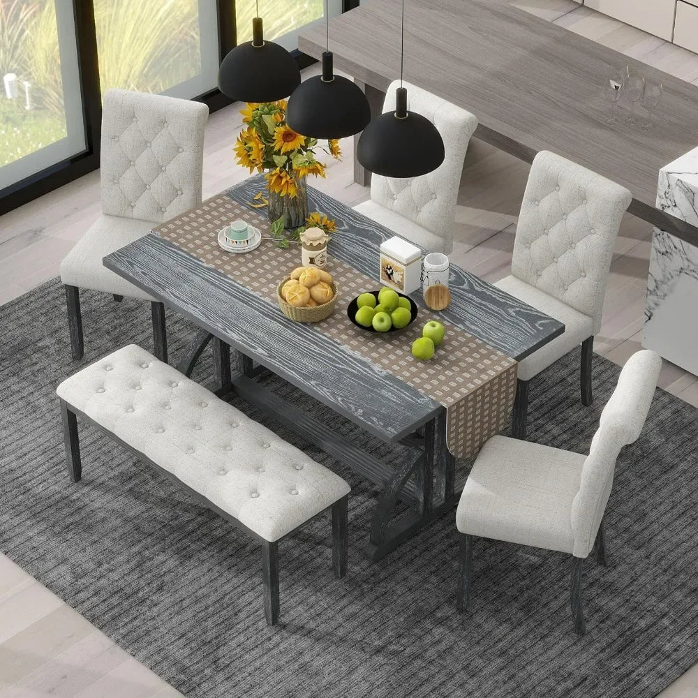 Dining Room Sets, Table Set, 6-Piece Retro Rectangular Room Set, 4 Upholstered Chairs & 1 Bench, Dining Room Sets