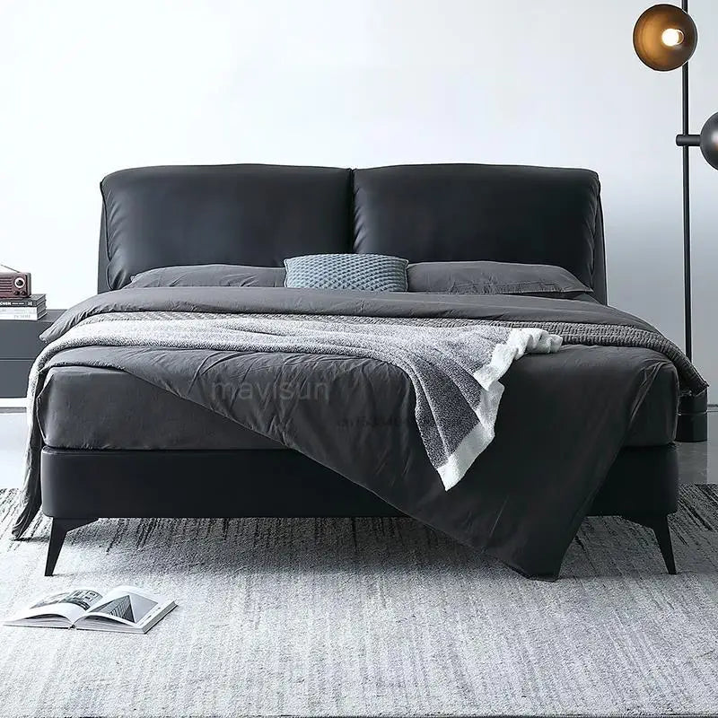 Nordic Leather Bed For Small Apartment 1.8 Meters Contemporary Minimalist Black Soft And Comfortable Double Master Wedding Bed