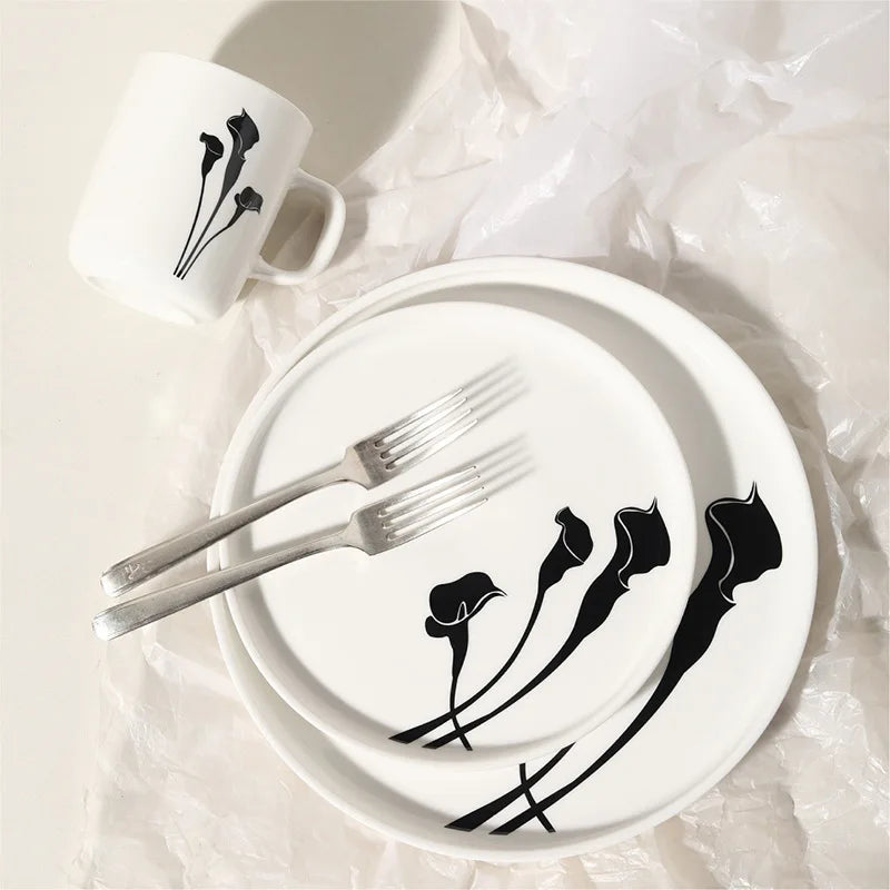 Ceramic Dinner Plates and Mug Set, Creative Flower Dinnerware, Black and White, Modern Dinnerware