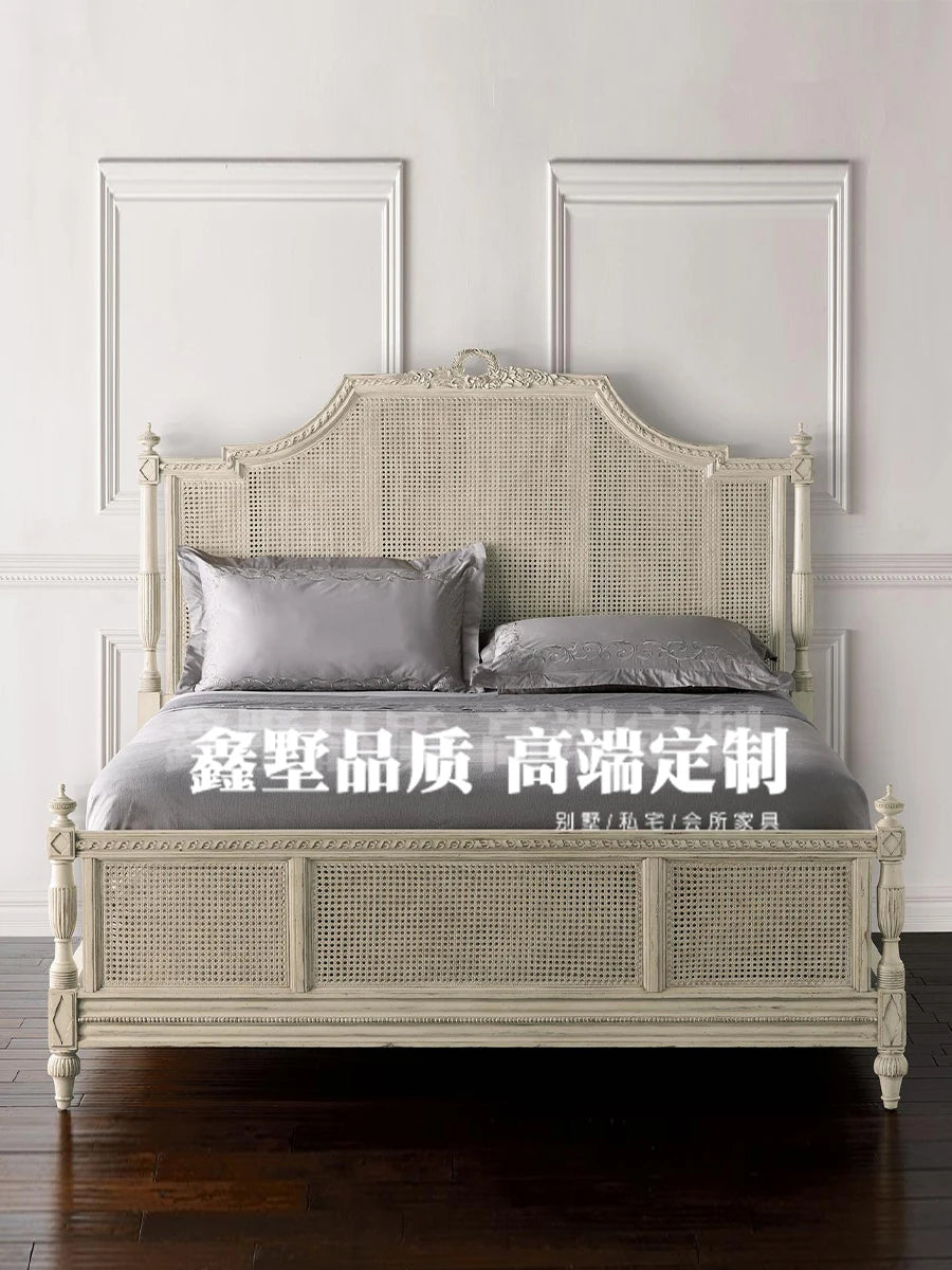 Retro white rattan  lying wedding bed 1.8 meters solid wood double   small apartment