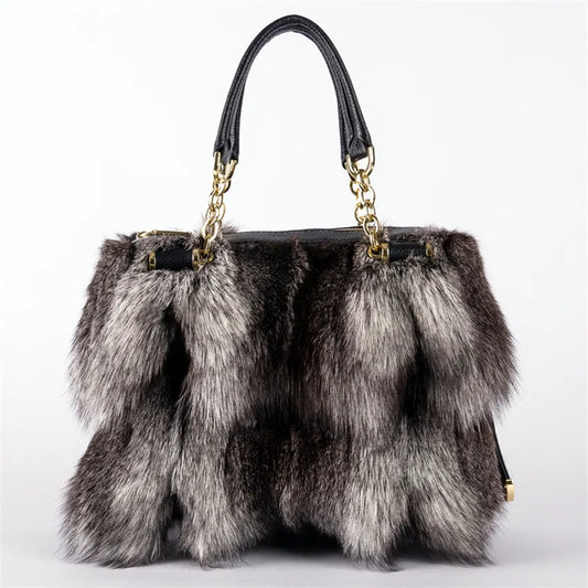 Women Winter Real Fox Fur Handbag Luxury Genuine Fur Party Bag Tote High Quality  Designer Evening Bag Fur Leather Female