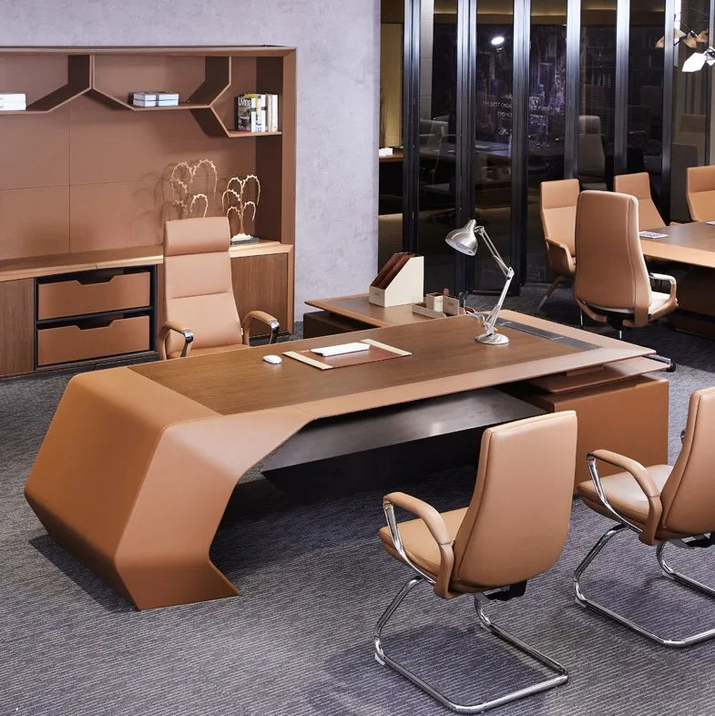 In Stock Popular High End "Bussiness" Computer Table Wooden Leather Modern Ceo Office Desk 3198*2460*750mm