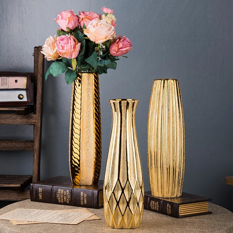 Ins Nordic Home Decoration Light Luxury Gold Ceramic Vase Large Vase Decorative Flower Vases Desk Decor Living Room Plant Pot