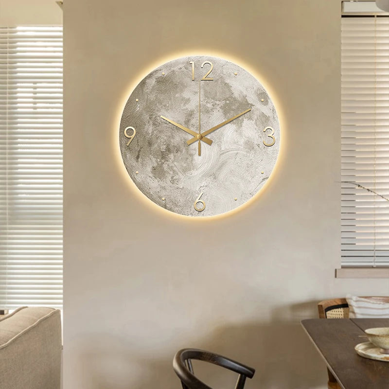 Modern Minimalist Wall Clock Living Room Clock Moon Sandstone Painting Home Fashion Restaurant Ideas LED Light Wall Decoration