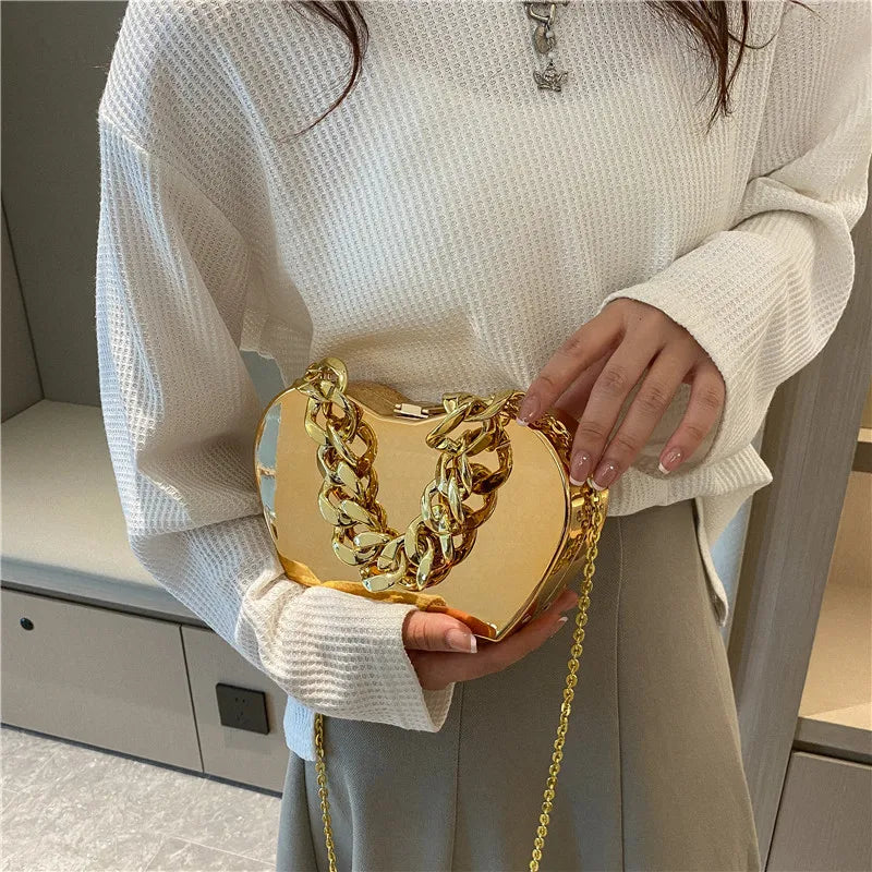 Metallic Bags for Women 2024 Trend Chain Fashion Cute Handbag Luxury High Quality Personality Party Mirror Female Shoulder Bag