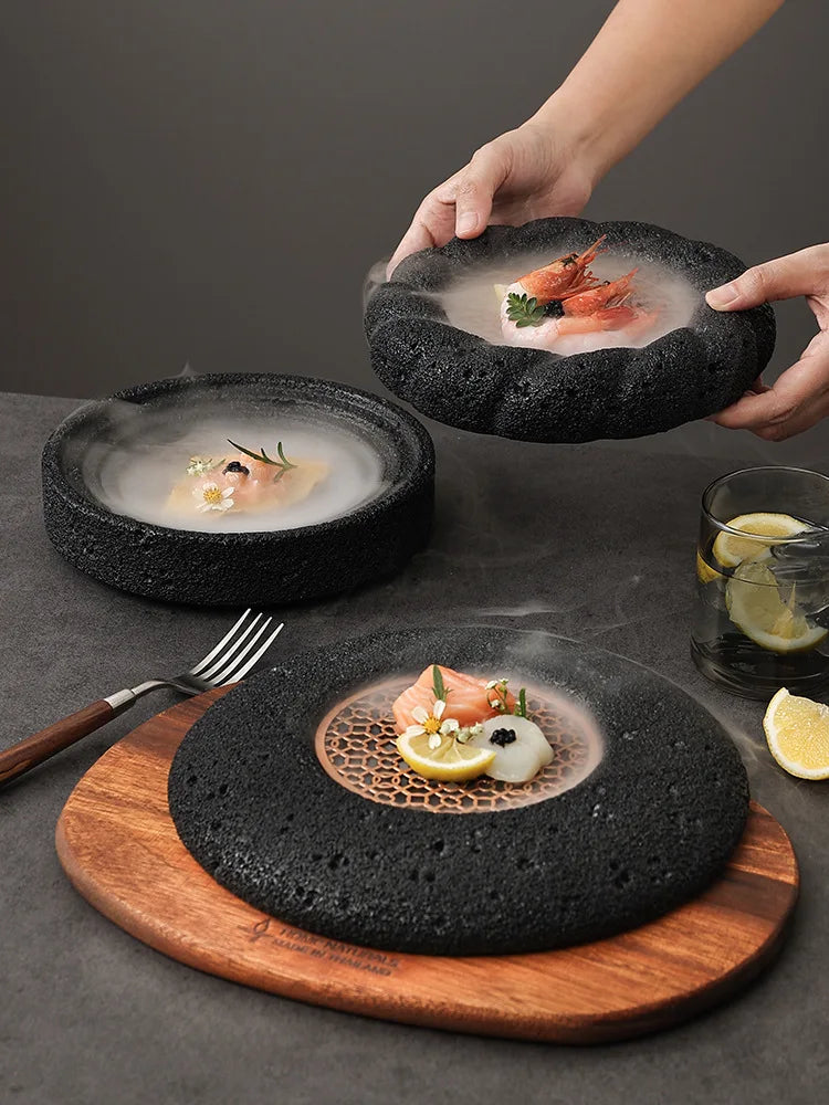 Creative Volcano Stone Plate Japanese Hotel Tableware Sushi Set Plate Circular Steak Plate Dining Plate Black Plate