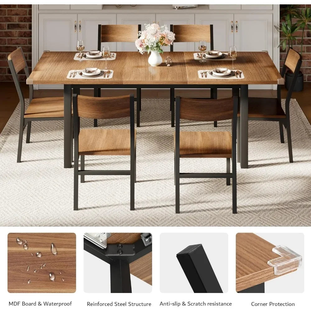 Dining Table & Chairs Set for 4-8, 63" Extendable Kitchen Table Dining Room Table with Metal Frame & MDF Board, Easy Clean