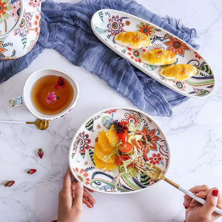 Ceramic Salad Plates with Handle,Porcelain Dinner Plates,Colorful Floral Pattern Serving Plate for Desserts Sandwiches Dishes 접시