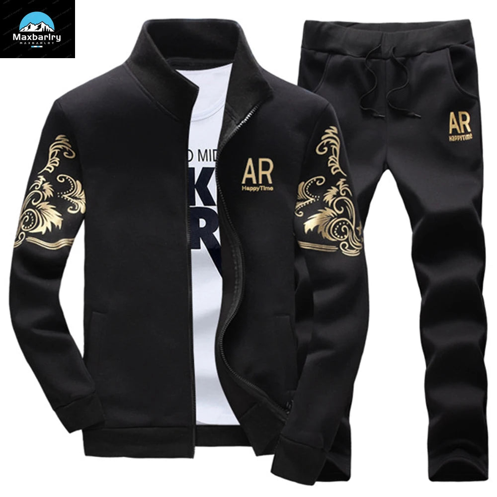 2024 New Men's Tracksuit Fleece Jacket and Sweatpants 2 Piece Set Spring Autumn Sports Suit Long Sleeve Sets Men Sweatsuit Warm