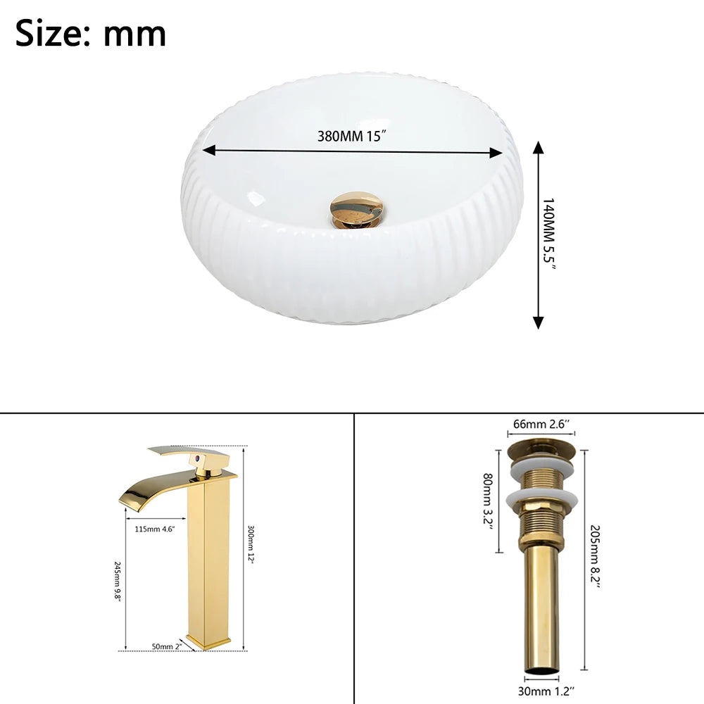 Torayvino White Ceramic Round Bathroom Sink Gold Brass Mixer Faucet Lavatory Bath Combine Vessel Vanity w/ Pop-up Combo Kit