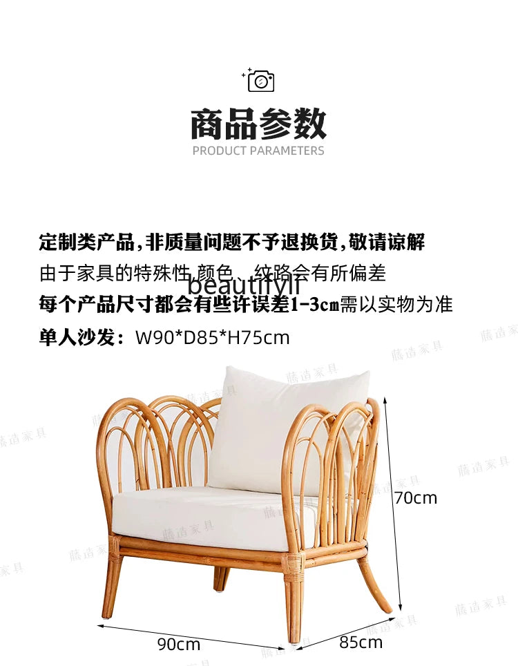 Rattan Sofa Nordic Combination B & B Living Room Modern Real Rattan Small Apartment Single Three-Person Leisure Rattan Chair