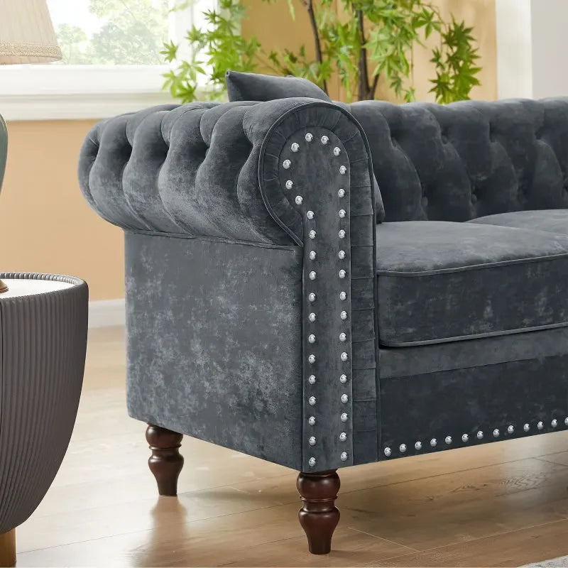 Tufted Upholstered Roll Arm Luxury Classic Chesterfield L-shaped Sofa 3 Pillows Included, Solid Wood Gourd Legs